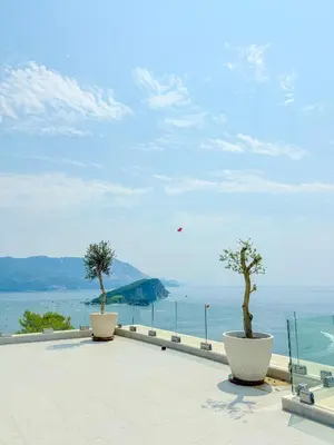 two trees sitting on top of a building overlooking the water at Villa Patria in Budva