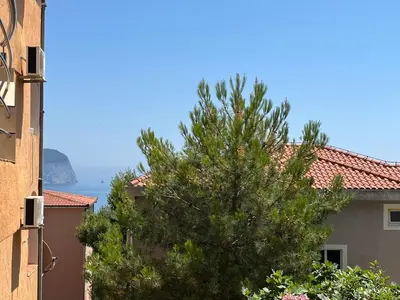 a tree in front of a building with the ocean in the background at Apartment Sara in Petrovac na Moru