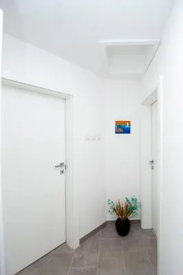a hallway with two doors and a potted plant at Charming Apartment in The Old Town in Budva