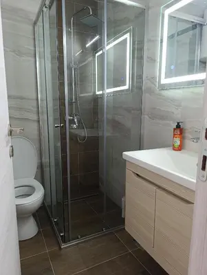 a bathroom with a shower with a toilet and a sink at Sofi in Sutomore