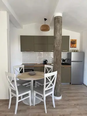 a kitchen with a table and chairs in a room at Apartmani Krsto in Kravlja