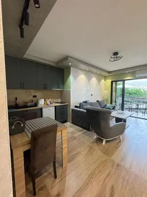 a kitchen and living room with a couch and a table at Kasia in Kravlja