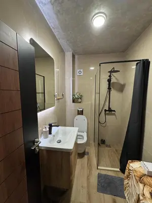 a bathroom with a toilet and a sink and a shower at Kasia in Kravlja