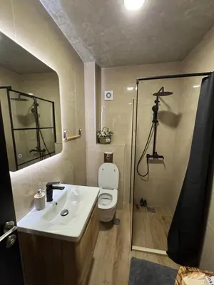 a bathroom with a toilet and a sink and a shower at Kasia in Kravlja