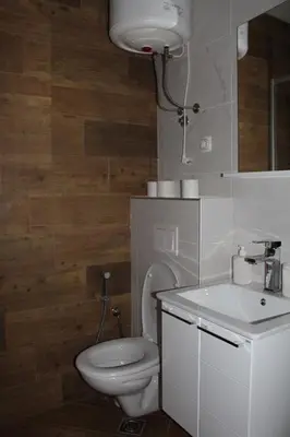 a bathroom with a white toilet and a sink at AMD - studio104 in Dobra Voda