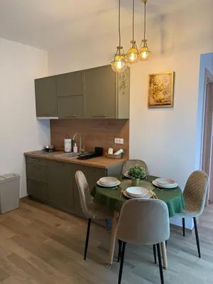 a kitchen with a table and chairs in a kitchen at Apartmani Stefanos - Jaz in Budva