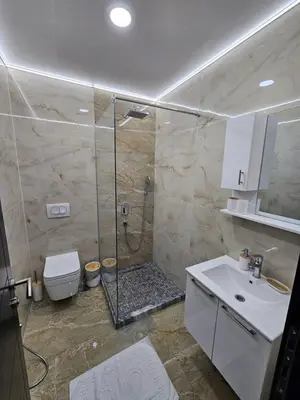 a bathroom with a shower and a toilet and a sink at Vila Eden in Bar