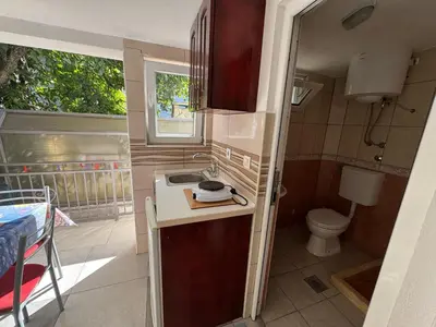 a small kitchen with a sink and a toilet at Apartments TRI SRCA in Sutomore