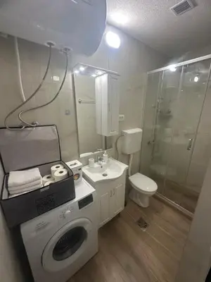 a bathroom with a washing machine and a toilet at Cozy one bedroom apartment with parking in Petrovac na Moru