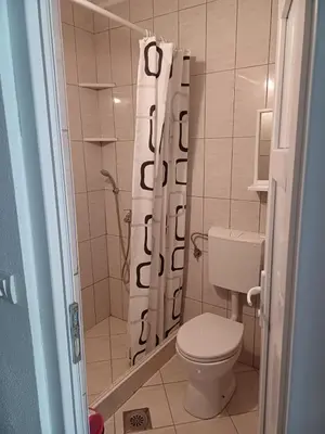 a bathroom with a toilet and a shower curtain at Apartments Ivana in Ulcinj