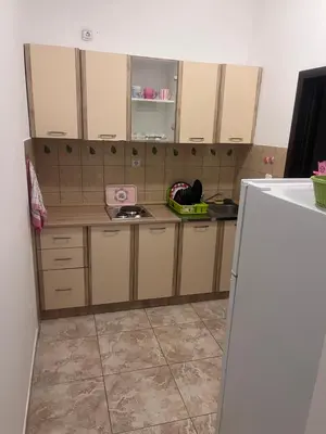 a kitchen with a counter and a refrigerator at Riva apartman in Sutomore