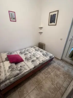 a bedroom with a bed with a red pillow at Riva apartman in Sutomore