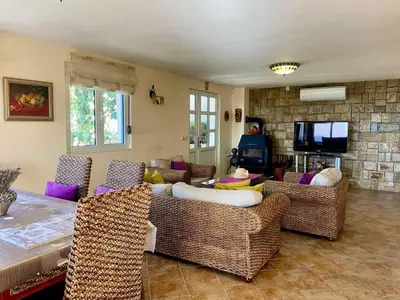 a living room with a couch and chairs and a television at Villa Maja in Sutomore