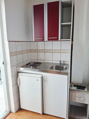 a small kitchen with a stove and a sink at Apartman Oaza 1 in Ulcinj