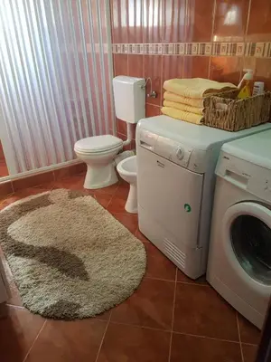 a bathroom with a toilet and a washing machine at Apartments Sofia in Bar