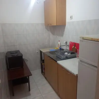 a small kitchen with a sink and a refrigerator at Apartman Stella in Budva