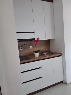 a kitchen with white cabinets and a sink at Vila stockholm in Donji Štoj