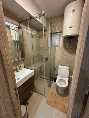 a bathroom with a shower and a toilet and a sink at DD apartment in Budva