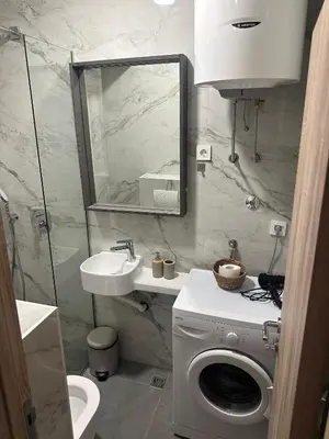 a bathroom with a washing machine and a sink at DD apartment in Budva