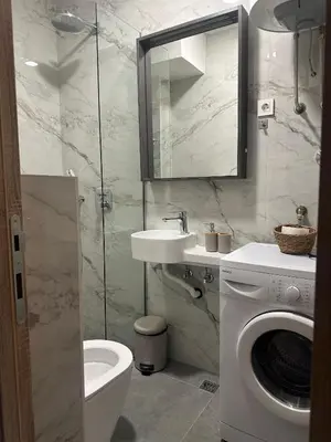 a bathroom with a sink and a toilet and a mirror at DD apartment in Budva