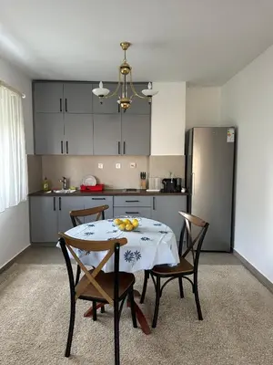 a kitchen with a table with chairs and a refrigerator at DD apartment in Budva