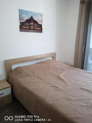 a bed in a bedroom with a picture on the wall at Apartman Bucan in Ulcinj