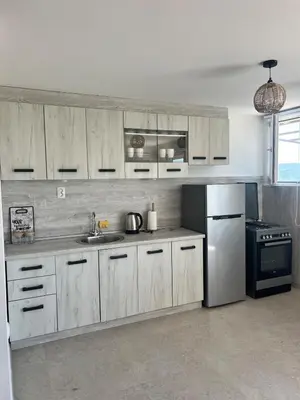 a kitchen with wooden cabinets and a stainless steel refrigerator at A&A apartments in Kravlja