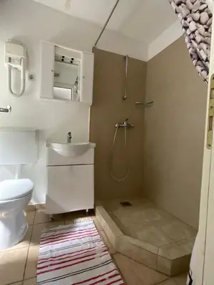 a bathroom with a white toilet and a shower at sar 2 in Kotor