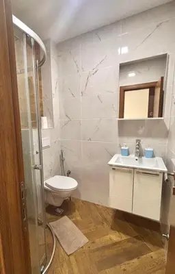 a bathroom with a toilet and a sink and a shower at Amd Apartmani in Dobra Voda