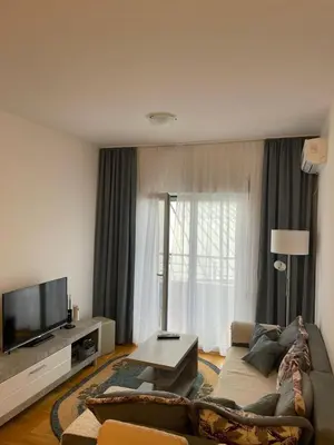 a living room with a couch and a tv at Aurora 3 Apartment in Budva