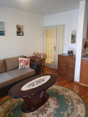 a living room with a couch and a coffee table at Apartman Elena Budva in Budva