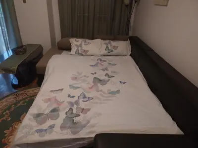 a bed with a comforter with butterflies on it at Apartman Elena Budva in Budva