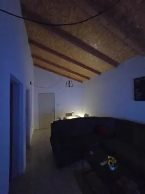 a living room with a couch and a wooden ceiling at Apartment on Long Beach Velika plaza near Ada Bojana in Ulcinj