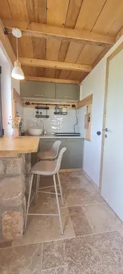 a kitchen with a table and a chair in a room at Sunrise Nest - Tinyhouse in Bar