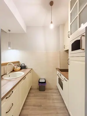 a white kitchen with a sink and a microwave at Modern 1-bedroom apartment M25 in Podgorica