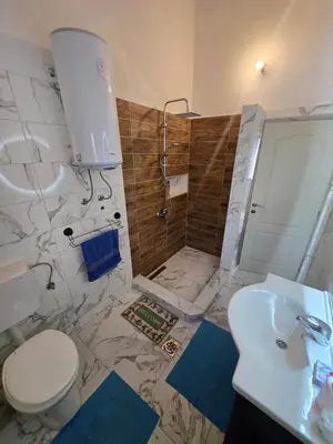 a bathroom with a toilet and a sink and a shower at Penthouse apartman Ogist Velika plaza Long beach near Ada Bojana in Donji Štoj