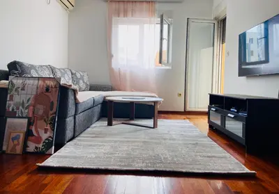 a living room with a couch and a table at One bedroom apartment Podgorica in Podgorica
