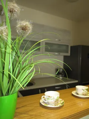 a wooden table with two cups and a plant on it at Apartment Verdan in Bar