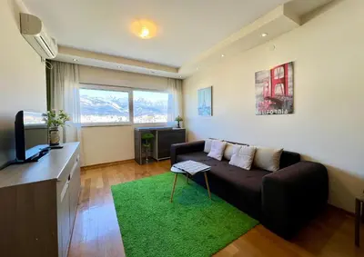 a living room with a couch and a green rug at Apartment Verdan in Bar