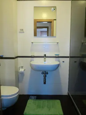 a bathroom with a sink and a toilet and a mirror at Apartment Verdan in Bar