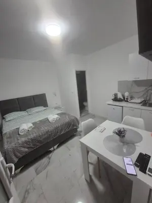 a bedroom with a bed and a table and a table and chairs at Apartmani Nevena Airport in Mitrovići