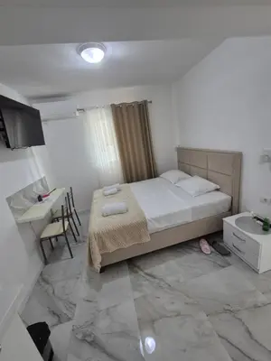 a bedroom with a bed and a desk and a sink at Apartmani Nevena Airport in Mitrovići