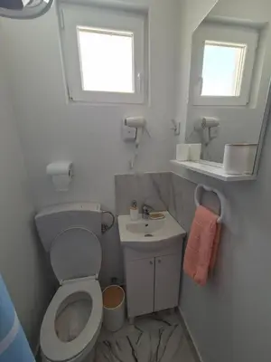 a small bathroom with a toilet and a sink at Apartmani Nevena Airport in Mitrovići