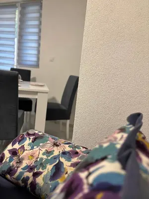 a room with a table and a chair with a pillow at Apartment Brijest-Kotor in Kotor