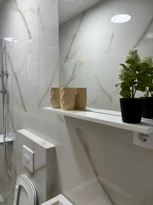 a bathroom with white marble walls and a shelf with plants at Apartment Brijest-Kotor in Kotor