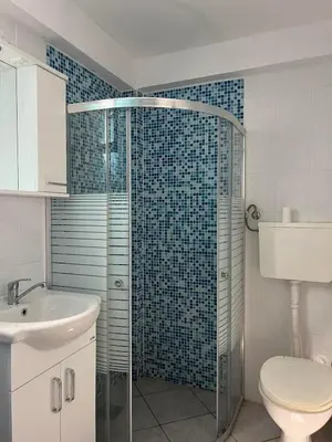 a bathroom with a shower with a toilet and a sink at Apartmani MiS in Dobra Voda