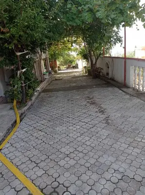 a cobblestone street with a tree and a road at Apartmani MiS in Dobra Voda