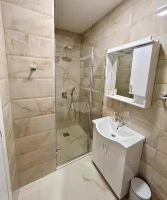 a bathroom with a shower and a toilet and a sink at Apartman Živaljević 3 Tivat in Tivat