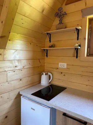 a kitchen in a log cabin with a stove at Valley Nest in Virpazar