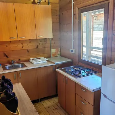 a kitchen with wooden cabinets and a stove top oven at River Escape Ada Bojana in Ulcinj